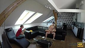 18+ teen rides cock hard while cuckold watches nearby