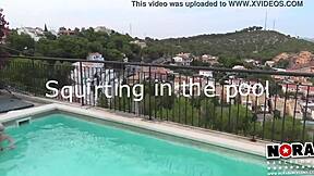 squirting blonde babe teases poolside before lesbian squirt fest erupts