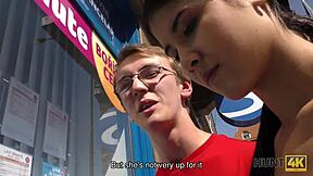 18+ teen rides cock hard while cuckold watches nearby