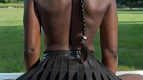 readin books with my huge ebony boobs bustin out leather skirt outdoors dream!!