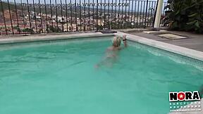 squirting blonde babe teases poolside before lesbian squirt fest erupts