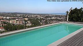 squirting blonde babe teases poolside before lesbian squirt fest erupts