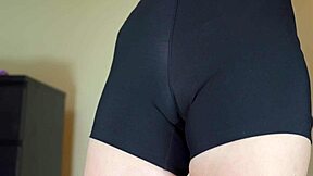 stepsister slips into tight shorts and flashes her huge hairy pussy in changing room