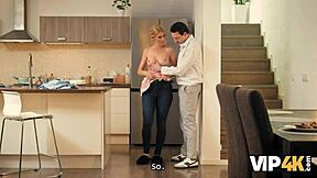 ready to pop my cherry with this hot blonde milf in kitchen?