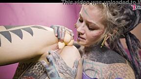 Alt goth tattoo girl strap-on fucks skinny lesbian dripping wet 😈🍆💦