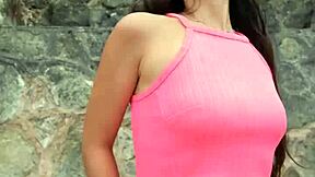 Petite brunette beauty flashes dances bikini beach public chill