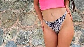 Petite brunette beauty flashes dances bikini beach public chill