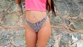 Petite brunette beauty flashes dances bikini beach public chill