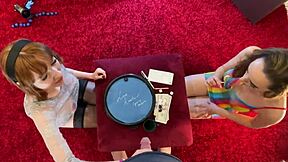 hot petite brunette alice and redhead bff play dice challenge backstage leading to cum group fun