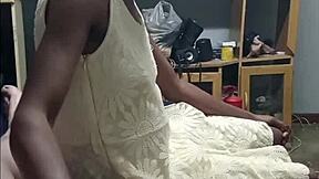 Wife sucks while black slut hands my cock with her tiny tits out