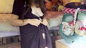 petite brunette strips stockings teases pussy quick afternoon play