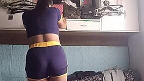 petite asian babe in tight shorts does sexy fitness workout training