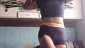 petite asian babe in tight shorts does sexy fitness workout training