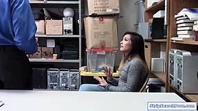 Security guard rips clothes off brunette teen shoplifter for hardcore office fuck