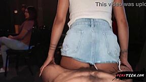 cute latina teen in skirt gets stranger groping her shaved pussy in dark cinema!?