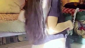 petite brunette strips stockings teases pussy quick afternoon play