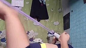 petite asian babe in tight shorts does sexy fitness workout training