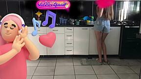sol megan fire tidies kitchen flashing skinny brazilian ass