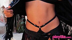 petite latina brunette model strips nude on tennis court showing small tits