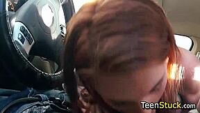 Redhead teen hitchhiker gives eager amateur POV blowjob