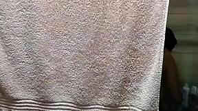 catching my latina aunt shower masturbating her natural tits nearly spots me