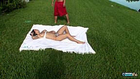 topless busty brunette sunbathing bent over for immediate big cock pounding outdoors 😈💦