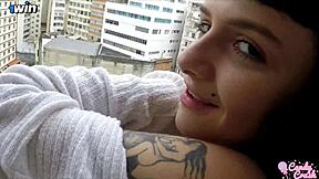 husband bareback anal creampies wife balcony breakfast
