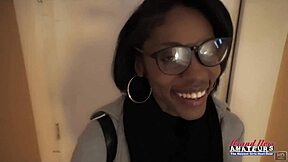 sylvia nerdy brunette gets ass pussy banged interracial cum swallow