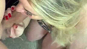 blonde stepmom in lingerie blows tattooed son in bedroom