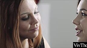 lesbian lovers in lingerie kiss and lick each other's smooth spots