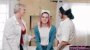 horny shemale ts foxxy gets triple blowjob from patient jean hollywood