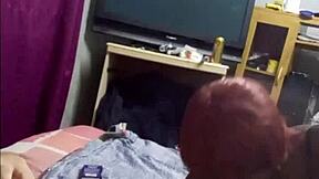 redhead black slut in dress slurps tiny boss cock at hostel