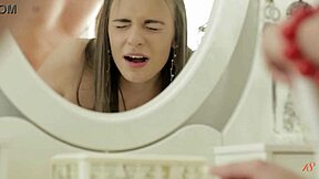 Does Skinny Teen Roxy M's Shaved Pussy Take Huge Cock Bareback?