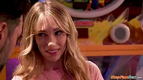 stepdad chokes petite teen deepthroat blowjob at public arcade outdoors