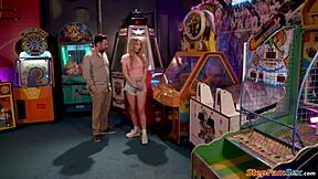 stepdad chokes petite teen deepthroat blowjob at public arcade outdoors