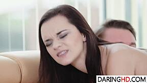 petite lea guerlin chokes on big cock before rough anal pounding