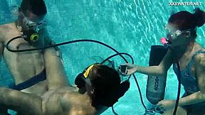 Petite teens Candy and Lizzy fuck Mike hard underwater