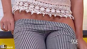 Pornstar Brunette Model Teases Trimmed Pussy In Kitchen Heels