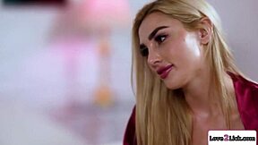 Busty Blonde Fingers Petite Roommate's Shaved Cunt Dorm Room