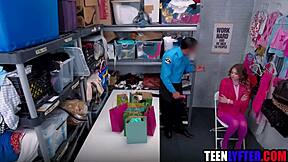Redhead shoplifter teen seduces cop with sloppy blowjob to escape jail