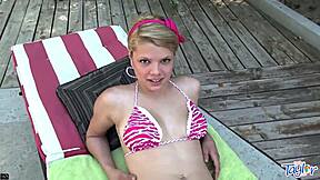 Damn, sexy teen Taylor's bikini slips off for that outdoor dildo pussy play!