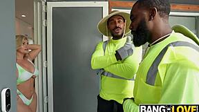 sunbathing seduction turns into facial cumshot threesome with gardeners