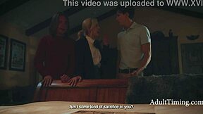 Petite blonde loses virginity to stepbrothers and demon during exorcism