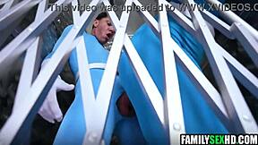 Stepdad and Stepbrother Destroy Stepdaughter in Wild Costumed Threesome!