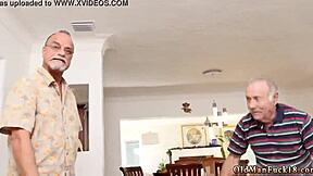 yo blonde granny gives handjob while brunette teen blows and cums hard