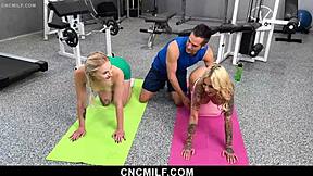 freeuse trainer fucks hot teen and milf slave during workout 3some oral