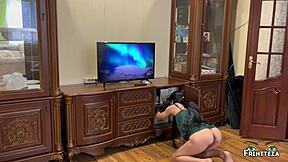 Stepmom cleans without panties as stepson spots her fresh creampie drip.