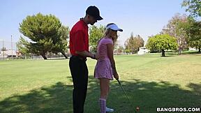 sexy golfer babe kneels for hot blowjob action