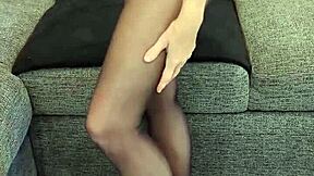 Shiny pantyhose hugs mature housewife's legs and feet