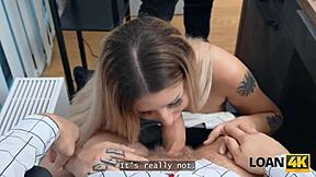 naughty wife cheats on loser hubby fucks loan guy hard right in front of him?